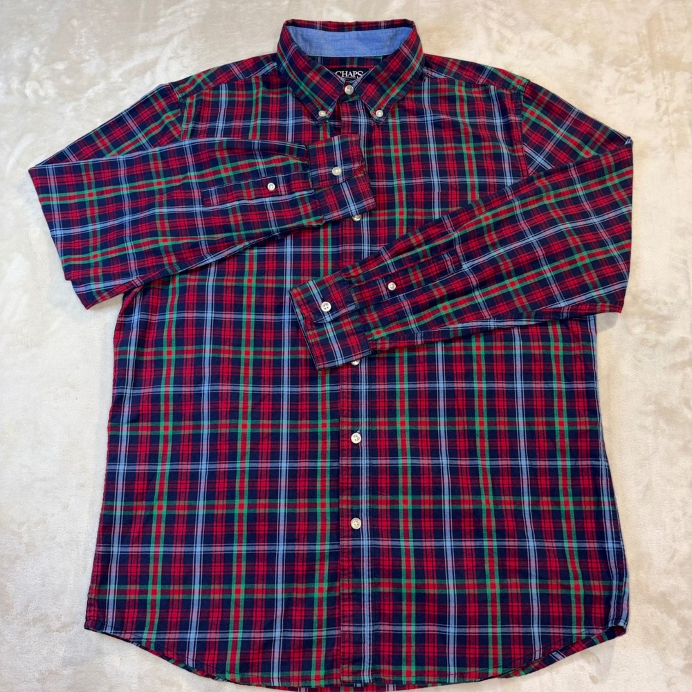 Chaps Mens Medium Easy Care Button Down Shirt Red Green Blue Plaid Long Sleeve